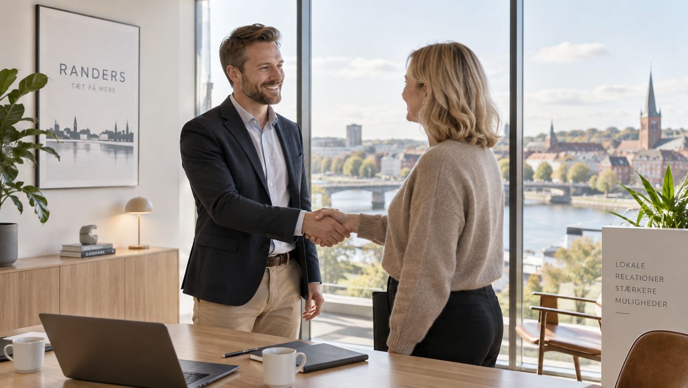 En professionel ejendomsmægler giver hånd til en kunde på et kontor med udsigt over Randers by.