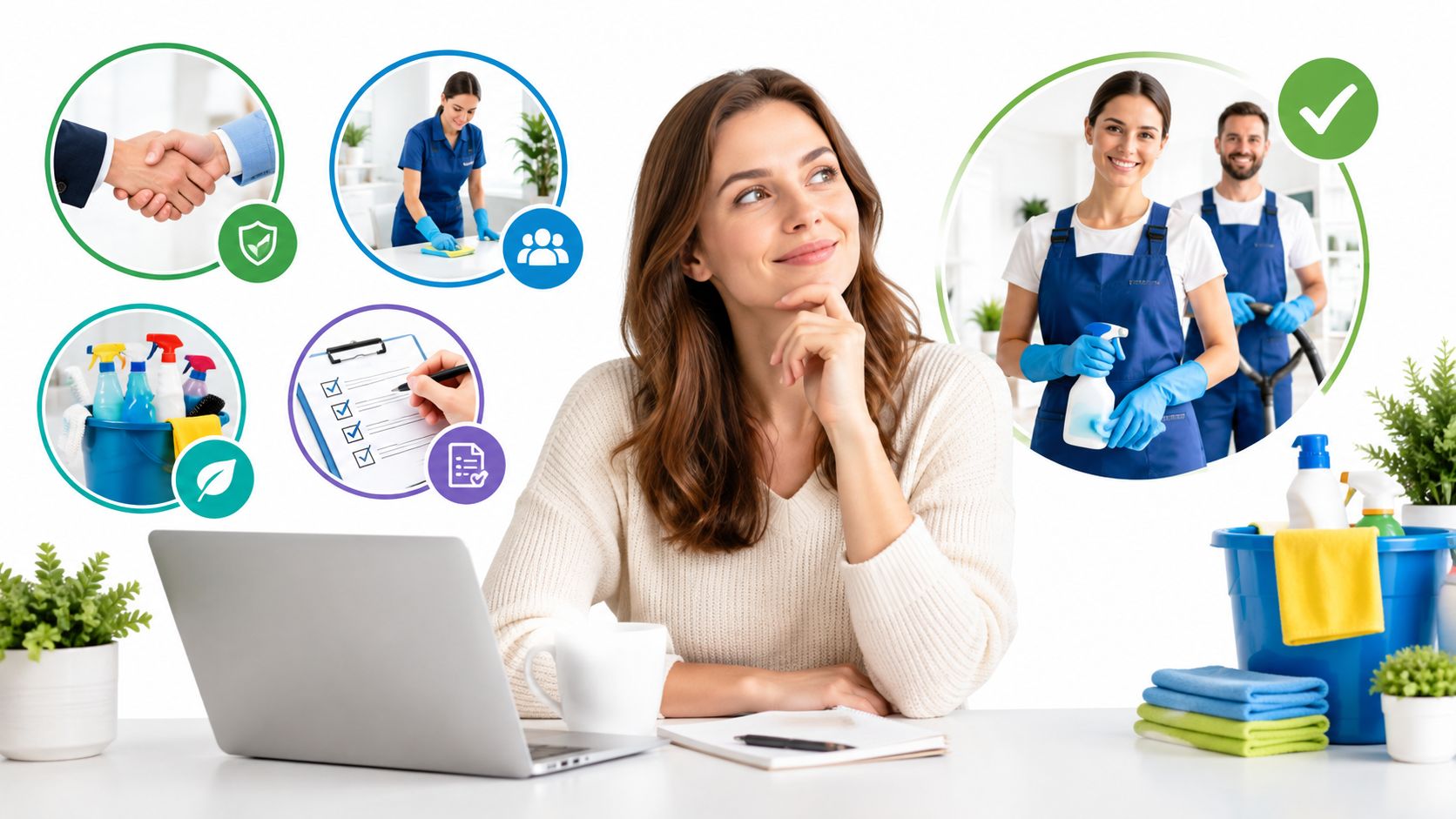 En smilende kvinde sidder ved en bærbar computer og overvejer professionelle rengøringstjenester med serviceikoner omkring sig.