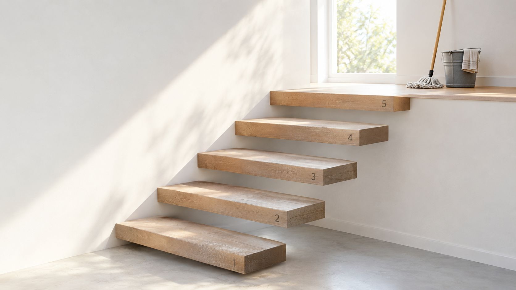 Moderne svævende trætrapper i en lys minimalistisk bolig med en spand og en moppe ved vinduet.