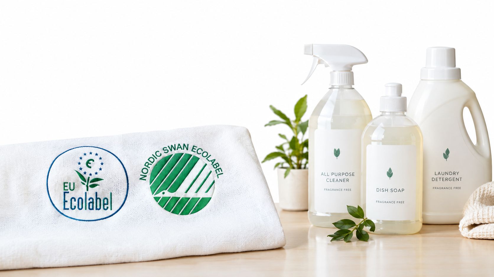 Miljøvenlige rengøringsprodukter og et håndklæde med EU-Ecolabel og Svanemærket logoer på et lyst træbord.