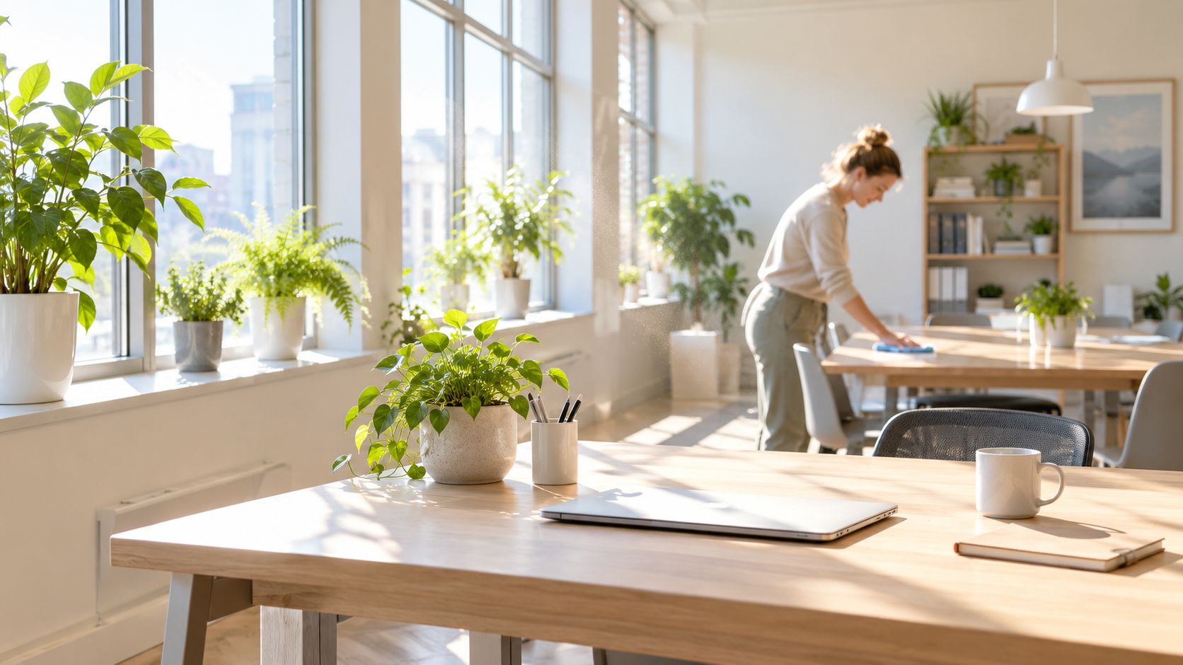 En kvinde gør et lyst og moderne kontor rent med masser af planter og sollys fra vinduerne.