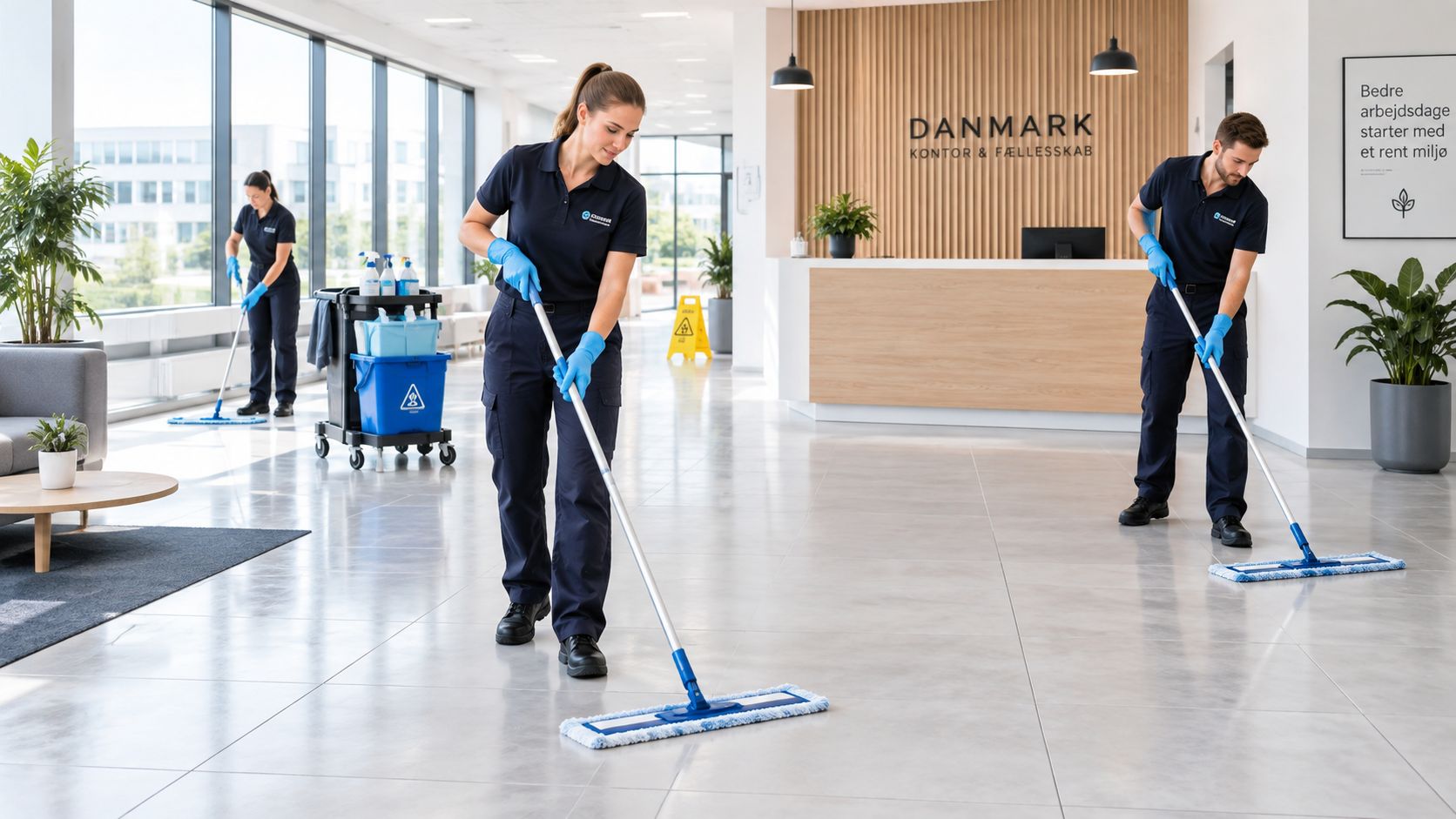 Tre professionelle rengøringsassistenter i uniform vasker et lyst kontorgulv med mopper i et moderne kontormiljø i Danmark.