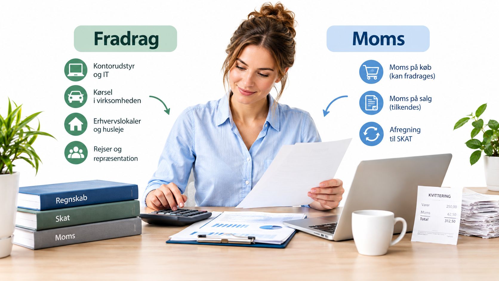 En kvinde sidder ved sit skrivebord og arbejder med fradrag og moms i sin virksomhed.