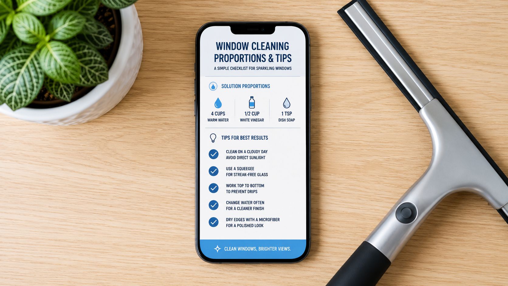 En smartphone viser en liste med opskrifter og tips til hjemmelavet blanding til vinduespudsning ved siden af en skraber.