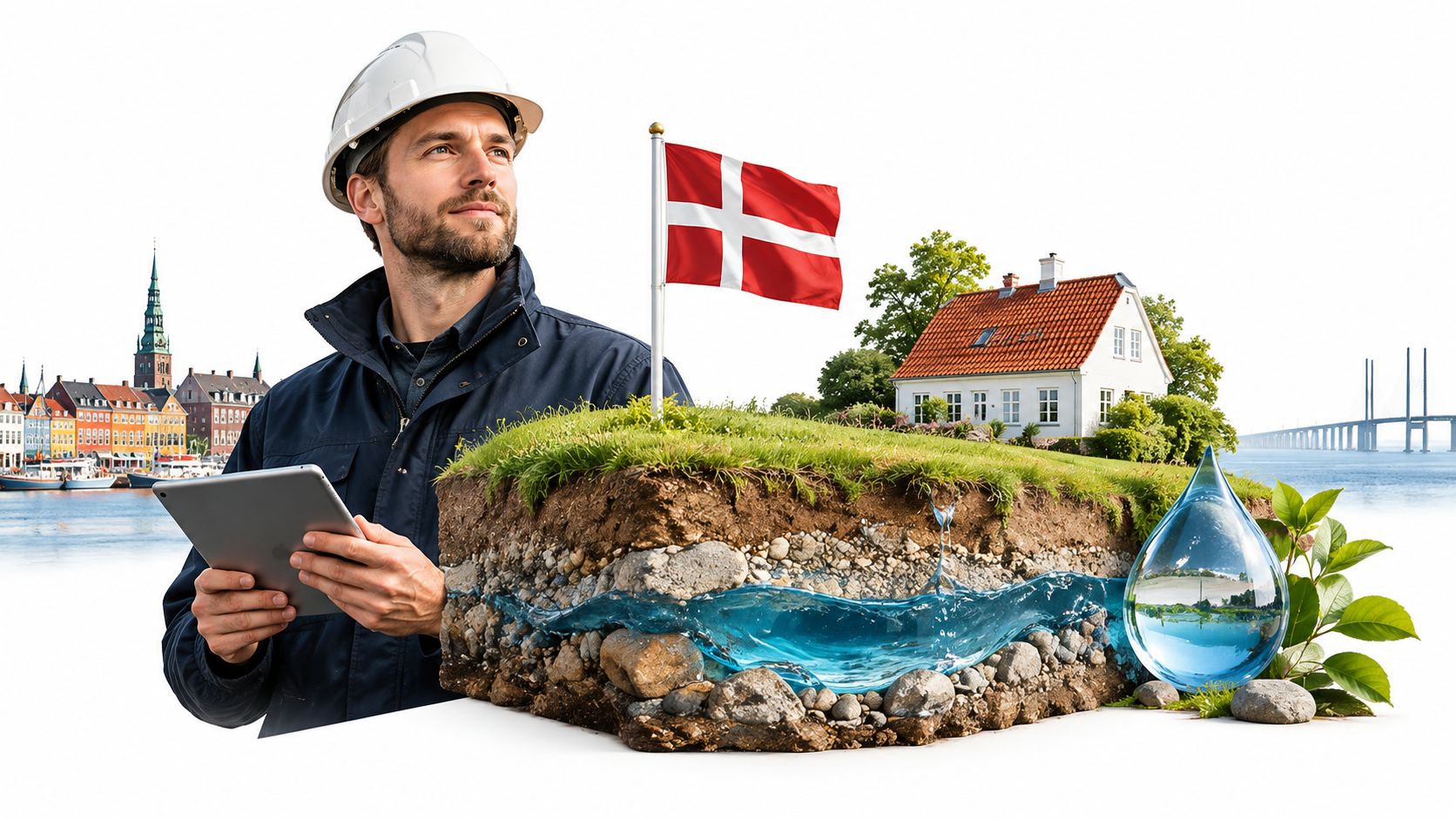 Ingeniør med tablet ved siden af et tværsnit af dansk grundvand med en husstand og Dannebrog.