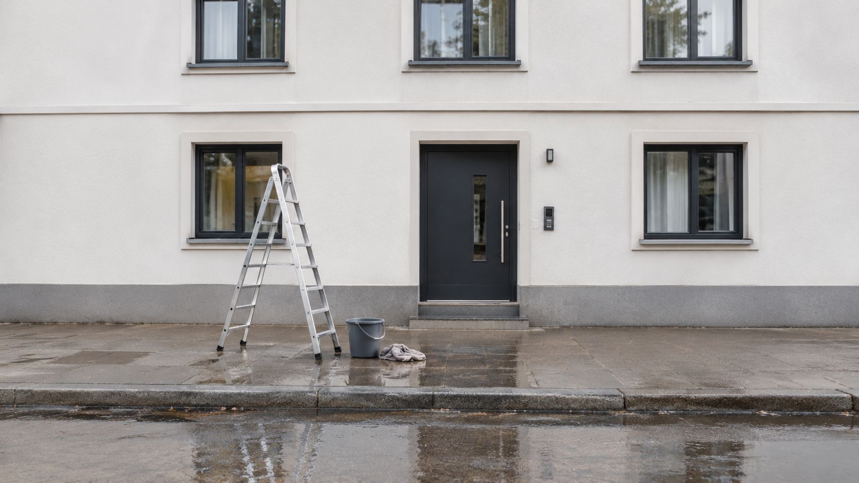 Stige, spand og vaskeklud står foran et hvidt hus med mørke vinduer og en hoveddør til vinduespudsning.