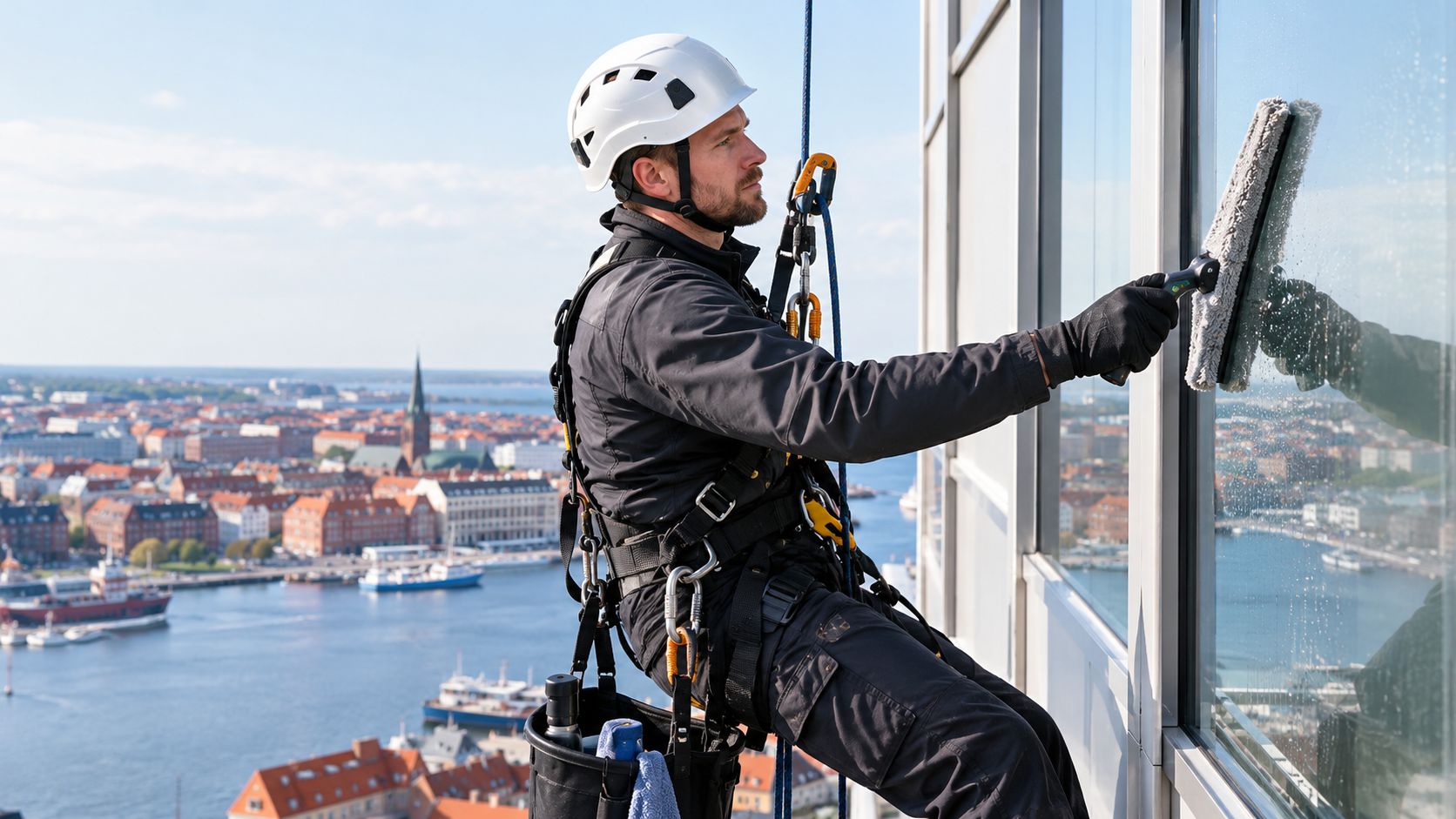 En professionel vinduespudser udfører højde-arbejde på en moderne bygning med udsigt over havnen i Nakskov.