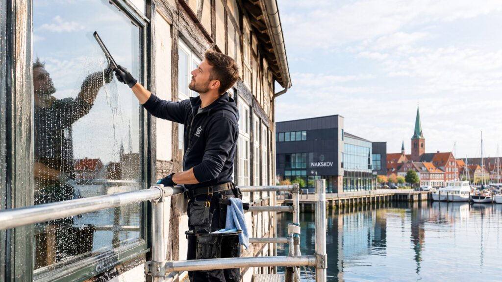 Mand vasker vindue udendørs i København for Dansk Erhvervsservice.