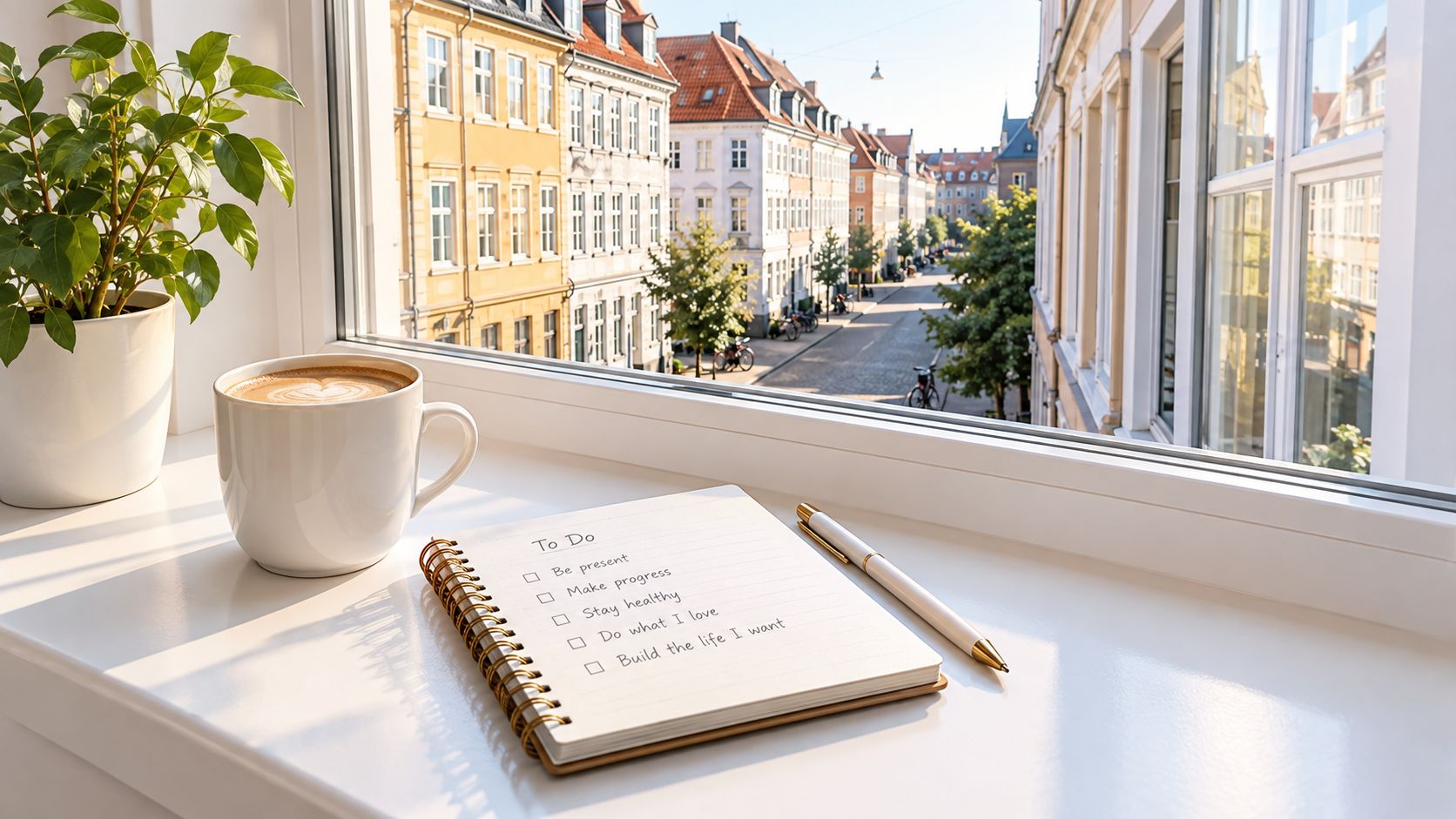 En kop kaffe og en to-do liste på en vindueskarm med udsigt til en hyggelig gade