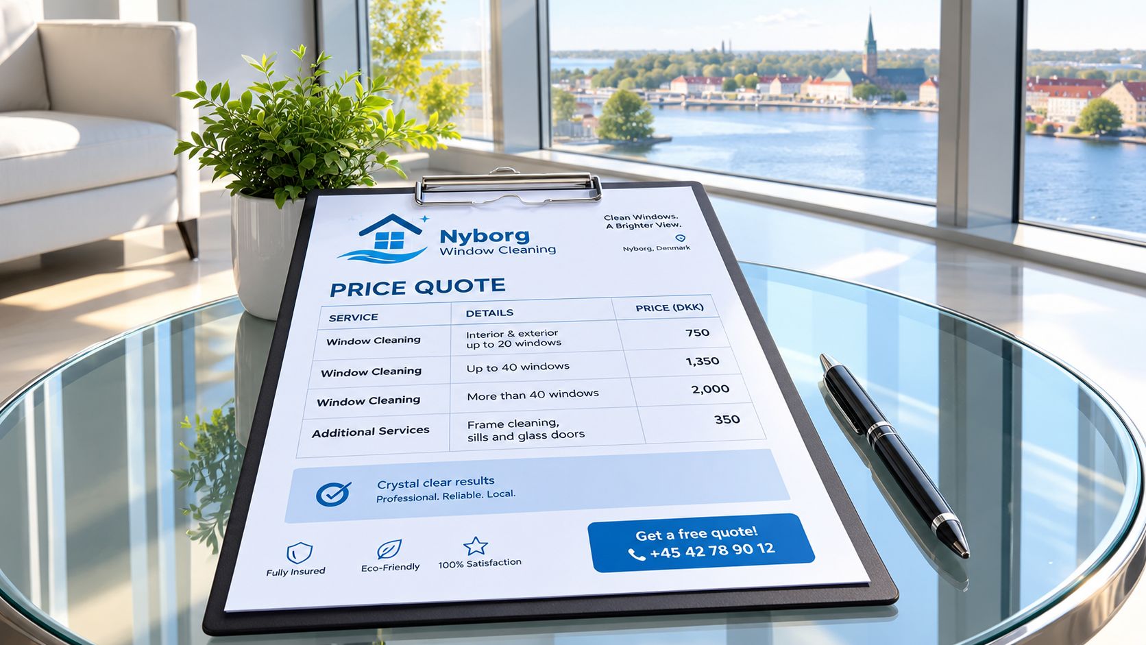Prisoversigt for professionel vinduespudsning fra Nyborg Window Cleaning placeret på et glasbord med en kuglepen.