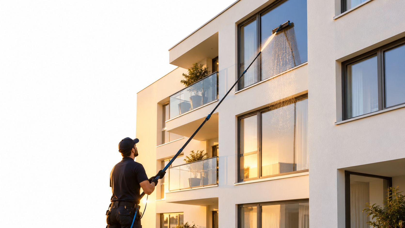 Professionel vinduespudser vasker vinduer på en moderne boligejendom med en lang teleskopstang i dagslys.